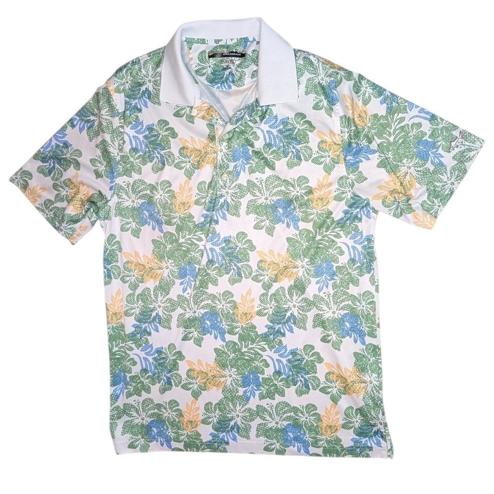 Greg Norman Polo Shirt‎ Mens M White Floral PlayDry Short Sleeve Tropical Golf